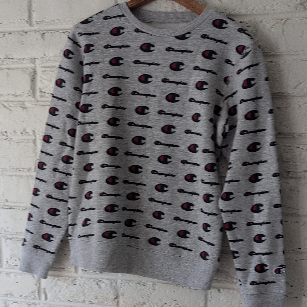Champion Gray Crewneck Sweatshirt with Repeating Black and Red Logos